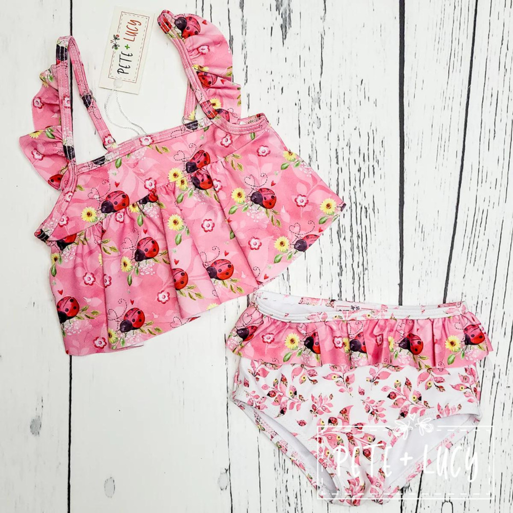 PETE + LUCY Sweet Ladybugs Pink Two PIece Swim Set Size 5 NEW Summer